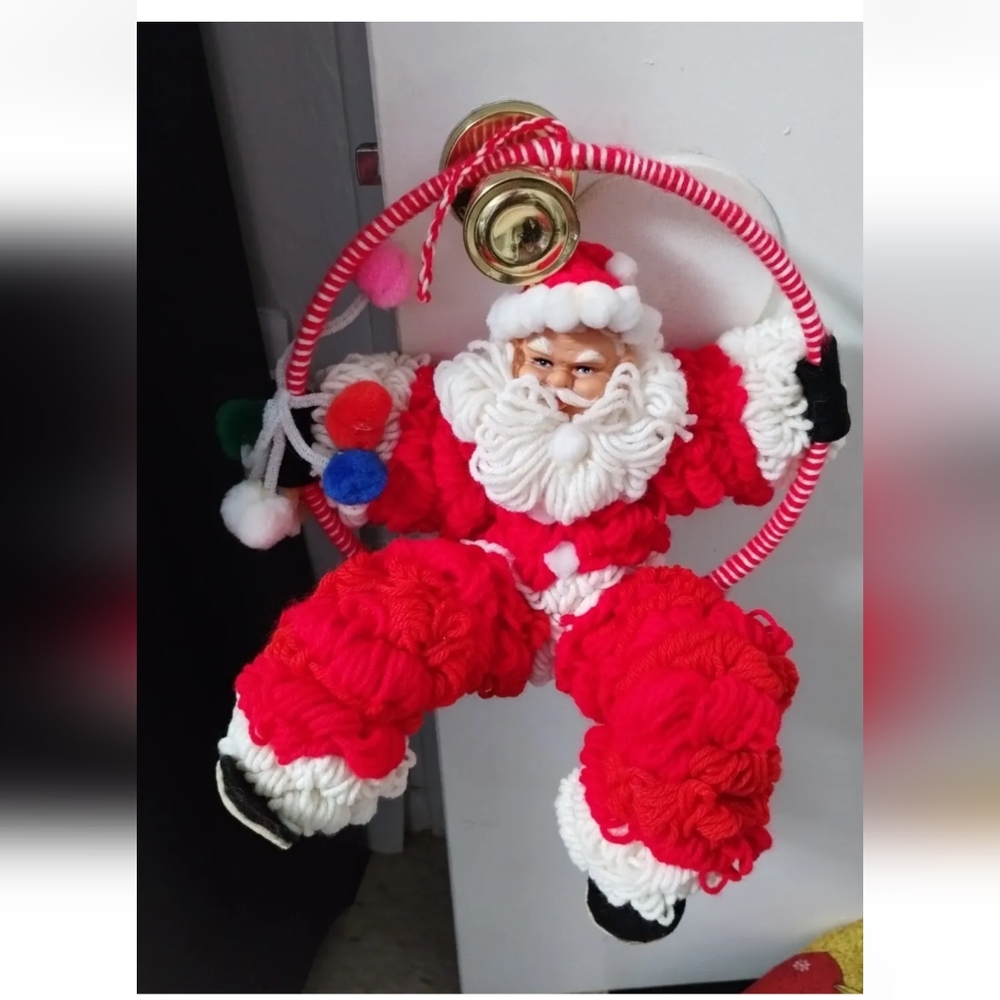 Vintage Hand Crochet Santa Claus On A Swing Door Hanger